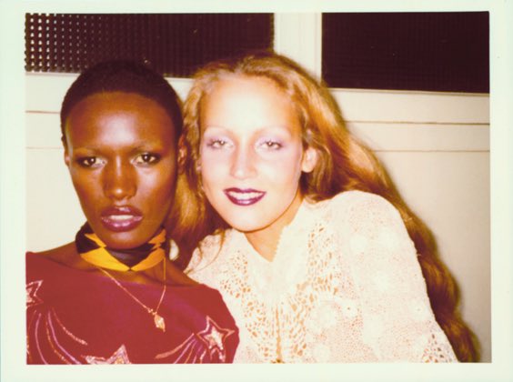 Happy Birthday Jerry Hall, seen here in Paris with Grace Jones, 1975. Photo by Antonio Lopez. 