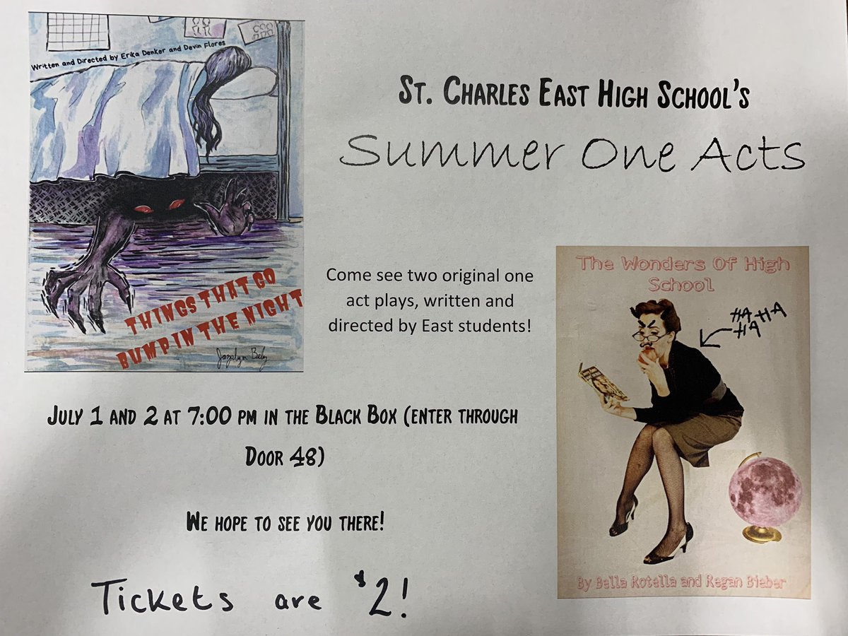 cjm148's tweet photo. Come see the 2019 Summer One Acts at St. Charles East High School! Written and directed by talented high school students! Tickets are only $2, so come on out and enjoy some great laughs TONIGHT! https://t.co/OpFB7V7Kk2