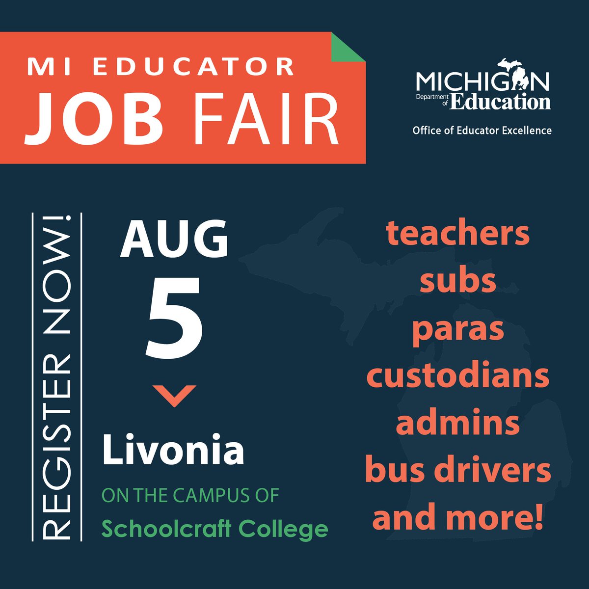 MIEducator's tweet photo. Hey, #miched! Schools, districts & ISDs are looking to hire #teachers, #subs, bus drivers, paras, custodians, secretaries, admins, etc. Register for MDE's last and largest Educator Workforce Job Fair on Aug. 5 at @schoolcraftnow in Livonia - it's FREE! https://t.co/H7kMiiYWEV https://t.co/Zq9rJJSKzp
