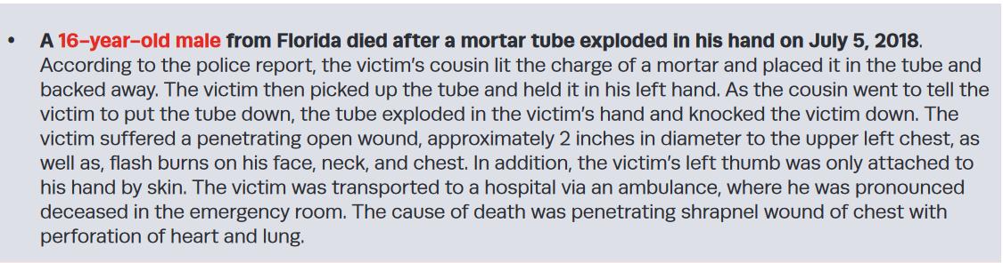 According to the police report, the victim’s cousin lit the charge of a mortar and placed it in the tube and backed away. The victim then picked up the tube and held it in his left hand. As the cousin went to tell the victim to put the tube down, the tube exploded in the victim’s hand and knocked the victim down. The victim suffered a penetrating open wound, approximately 2 inches in diameter to the upper left chest.