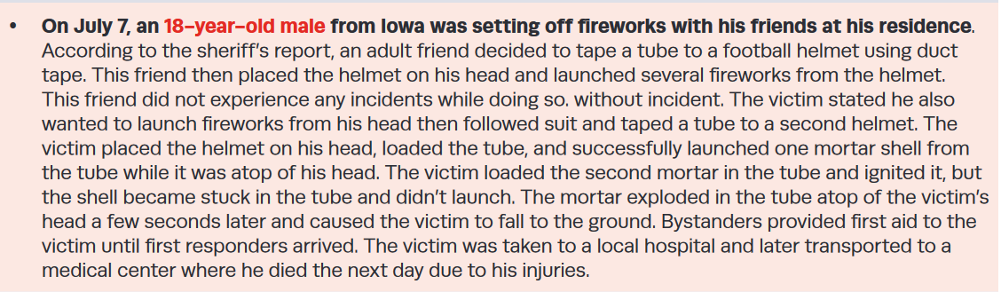 According to the sheriff’s report, an adult friend decided to tape a tube to a football helmet using duct tape. This friend then placed the helmet on his head and launched several fireworks from the helmet. This friend did not experience any incidents while doing so. without incident. The victim stated he also wanted to launch fireworks from his head then followed suit and taped a tube to a second helmet.