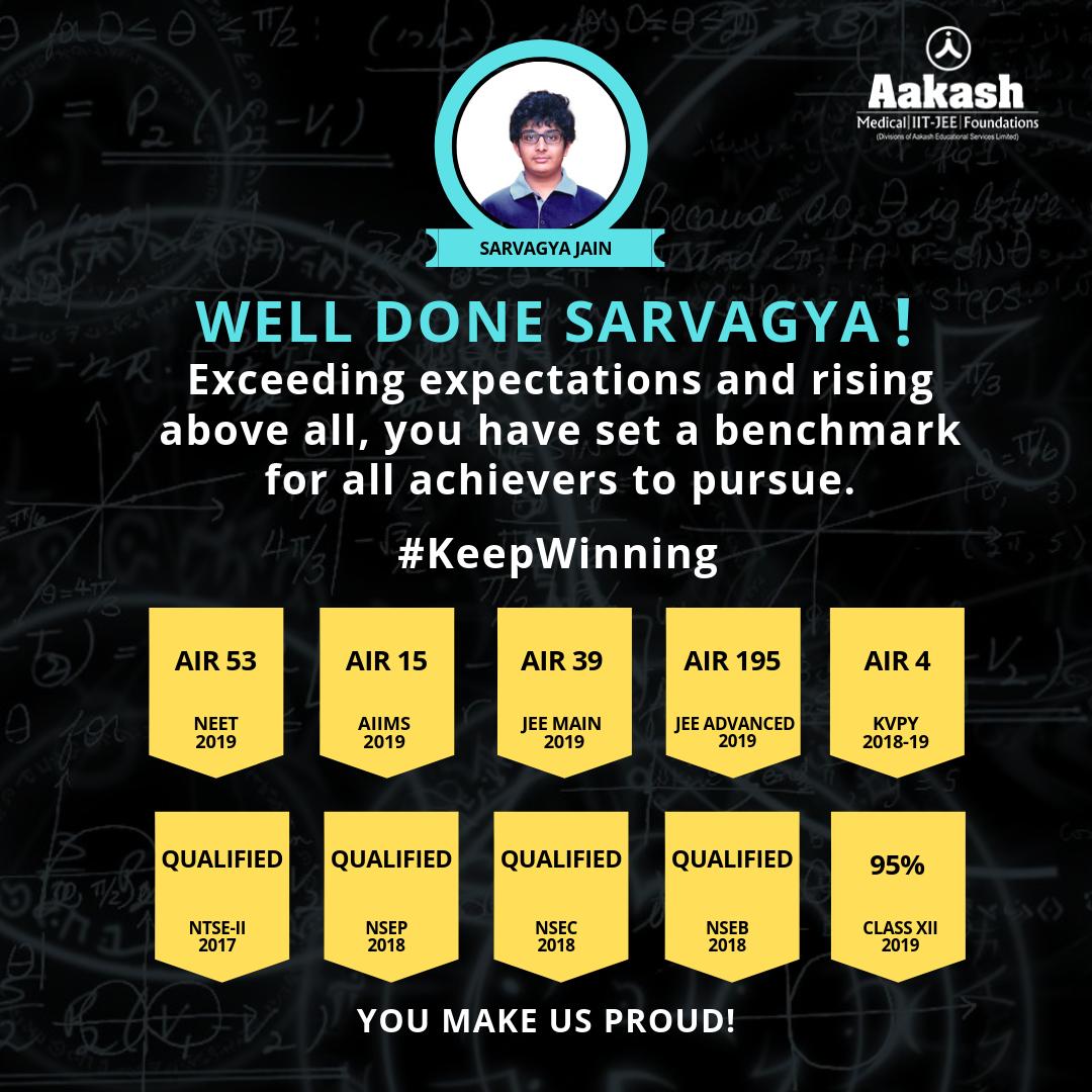 AESL_Official's tweet photo. Congratulations to Sarvagya Jain for his exemplary performance in AIIMS, NEET, JEE Main, JEE Advanced, KVPY, NTSE-II, NSEP, NSEC, NSEB and CBSE Class XII. You make us proud. Wishing you all the very best for your career. #KeepWinning #JEEPreparation #EngineeringPreparation https://t.co/RG6D5PUmE5