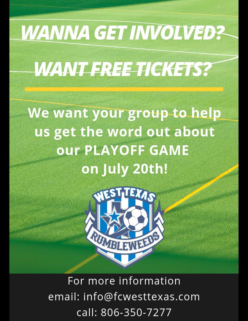FCWestTexas1's tweet photo. We are looking for youth teams/groups who want to help us get the word out about the PLAYOFFS on July 20th! All your group has to do is pass out fliers and each person will get 2 tickets to the game! 
Get in touch with us for more information: 
info@fcwesttexas.com (806) 350-7277 https://t.co/1iFb5kZNoz