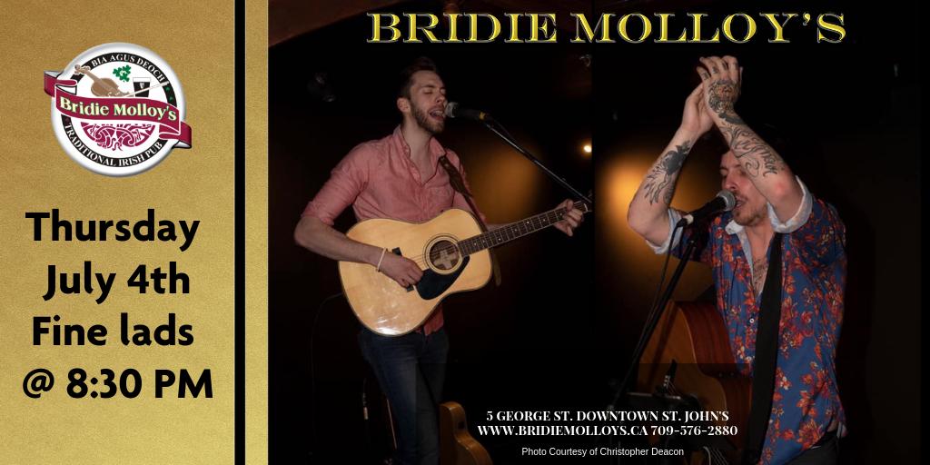 The Fine Lads will be with us playing live music on the Bridie Molloy's stage at 8:30 PM on Thursday, July 4th! buff.ly/307Vl2F #finelads #livemusic #live #music #bridiemolloys #bridies #georgestreet #georgest @GeorgeStLive @LiveMusicNL @NLMusicHub @TheTelegramNews