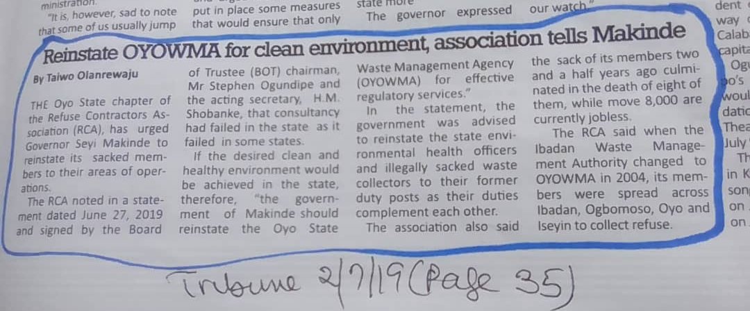 PSPOyoState's tweet photo. Reinstate OYOWMA for clean environment, Refuse Contractors Association Oyo State appeal to His Excellency, Governor Seyi Makinde. @seyimakinde @raufolaniyan @ilaka_bisi @Adebo_ogund @ibcityannouncer @connectIBADAN @nigeriantribune @PremiumTimesng @freshfmibadan @PDPOyoState https://t.co/yabJGmtpjc