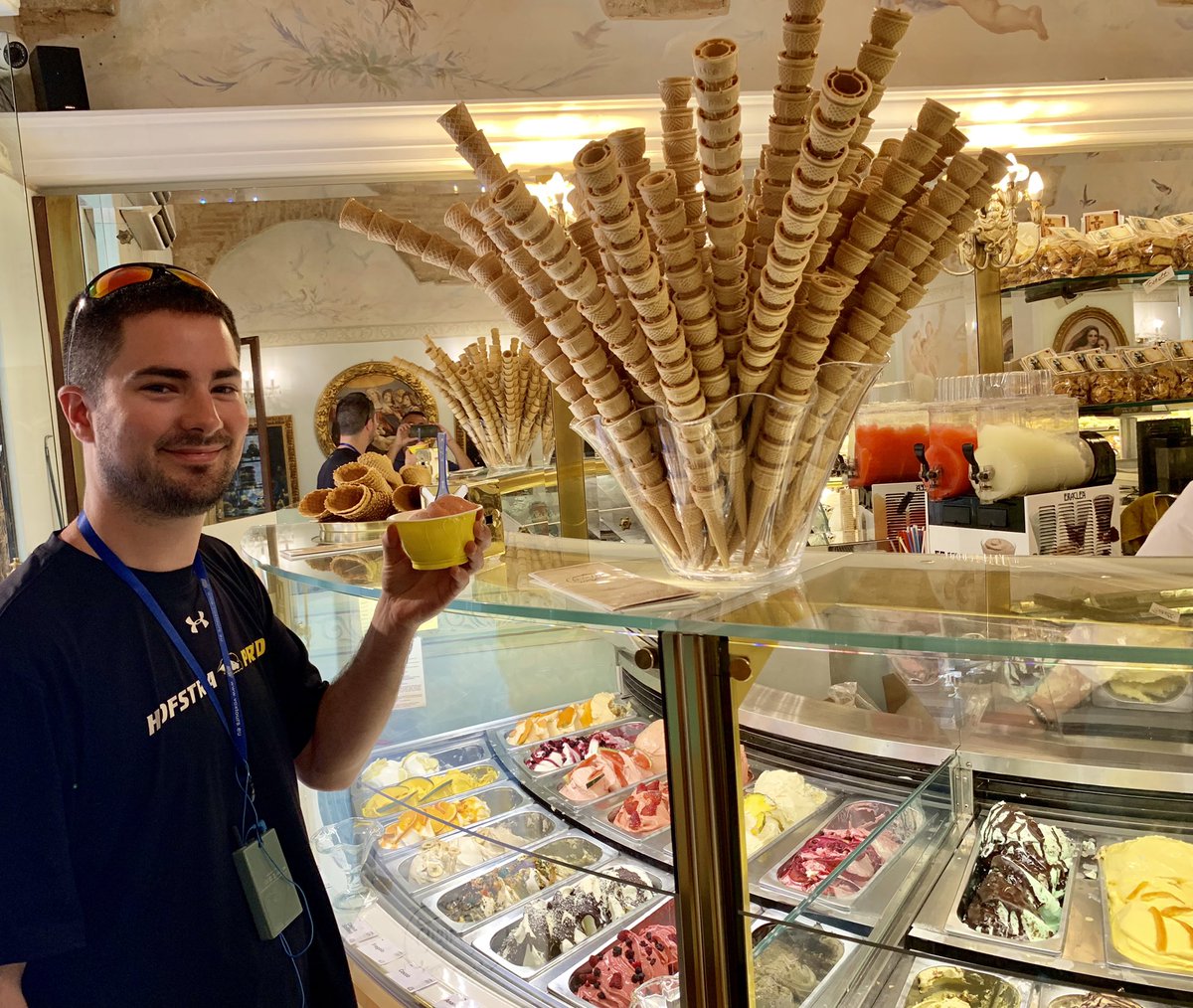linorulli's tweet image. Tyler’s first ever gelato. 

I always get pistachio and stracciatella. God only know what he’s getting.