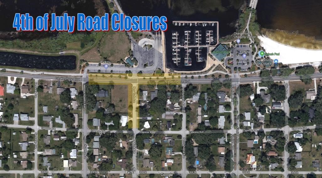 CityofStCloudFL's tweet photo. Road closures for @stcloudchamber 4th of July celebration @ Lakefront Park:
-Lakeshore Blvd. btw Mass. &amp; Penn. Ave.
-NY Ave. btw Cypress Ave. &amp; Lakeshore Blvd. (closed to thru traffic &amp; completely @ Lakeshore Blvd.) 
Closures will be from midnight Thurs. to midnight Fri. https://t.co/BlEVC6Xc5K