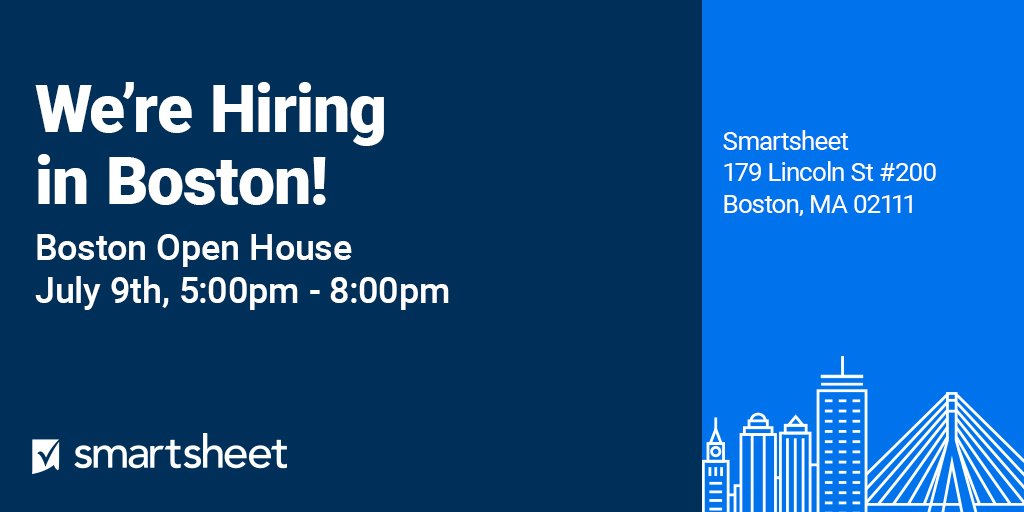 Our <a href="/Smartsheet/">Smartsheet</a> Boston office is having an open house for you to come and meet the team! Interested in seeing what your career at Smartsheet could look like in Boston and how you can make an impact? Come by! bit.ly/SmartsheetRSVP