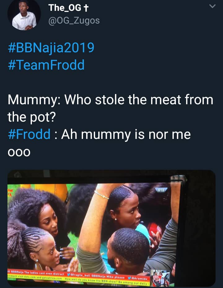 duke_skillz's tweet photo. 😂😂😂 the memes have already started
#teamfroodd #staysweet #frooddnation #BBNaijaPepperDem #BBNaija2019 https://t.co/rG4n6T09bz