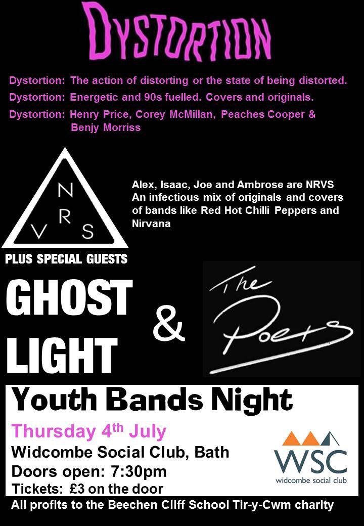 Don’t forget - it’s the <a href="/BeechenCliff/">Beechen Cliff School</a> Youth Bands Night at <a href="/WidcombeSocialC/">Widcombe Social Club</a> this Thurs! Only £3 in the door. 4 awesome bands from Years 7 up to 13. Raising money to refurbish the school’s buildings at Tir-y-cwm... There’s a bar too! Doors at 7.30