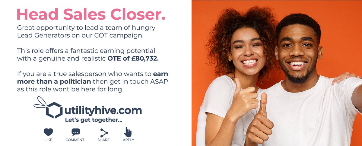 utilityhive's tweet image. This role offers a fantastic earning potential 
with a genuine and realistic OTE of £80,732.

If you are a true salesperson who wants to earn
more than a politician then get in touch now.

#BeatThePoliticians #CallNow #HiringNow #Careers #LivingYourBestLife #BetterTogether