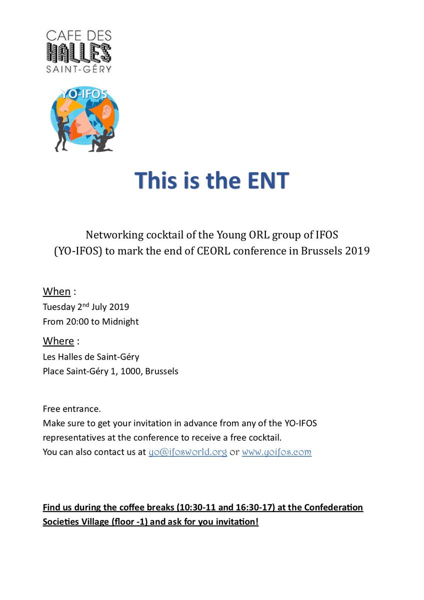 SIOeChCF's tweet photo. Networking cocktail of the Young ORL group of #IFOS
@YO_IFOS to mark the end of @ceorlhns2019 conference in Brussels.
We'll be waiting for you. Details ๐๐ป.
#CEORLHNS2019 #YOIFOS #ERS https://t.co/MwGESBTfzn