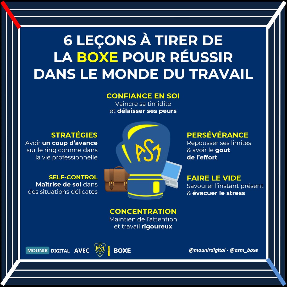 joinevolife's tweet photo. RT🚀@mounirdigital
🆕#Infographie 🔥 en collaboration avec L'ASM #Boxe 🥊
Quelles leçons tirer de la boxe pour réussir dans le monde du travail ? 🔎💻
#personaldevelopment #MardiConseil #flashtweet #pleaseRT #success #Motivation #workinprogress https://t.co/NFqtaGt2xL