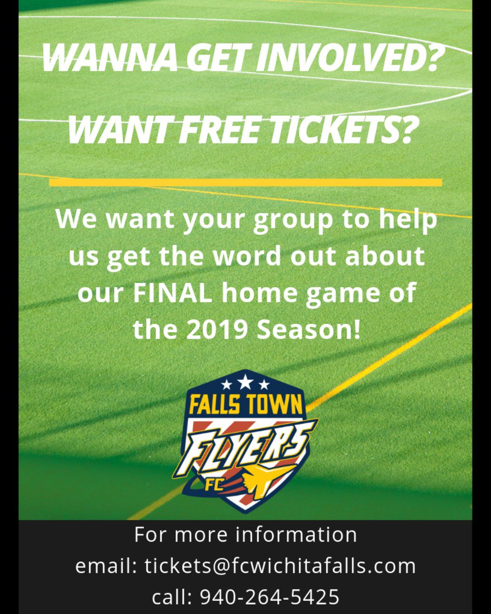 FallsTownFlyers's tweet photo. We are looking for youth teams/groups who want to help us get the word out about our LAST home game on July 13th. All your group has to do is pass out fliers and each person will get TWO tickets to the game! Contact us for more info: tickets@fcwichitafalls.com (940) 264-5425 https://t.co/51T8YW5rh7