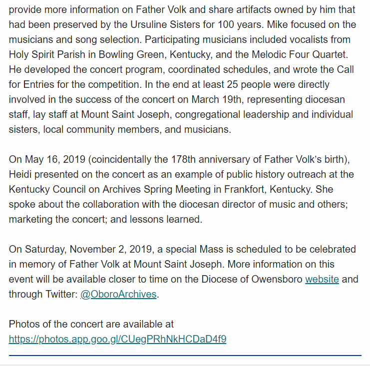 OboroArchives's tweet photo. We recently wrote an article for the Spring 2019 newsletter of the Association of Catholic Diocesan Archivists about the development of the Fr. Volk concert &amp; the many hands involved in making the event a success. 

Newsletter:  https://t.co/DAgm5VfKQT.
Article screenshots below. https://t.co/9ybTkNaTjI