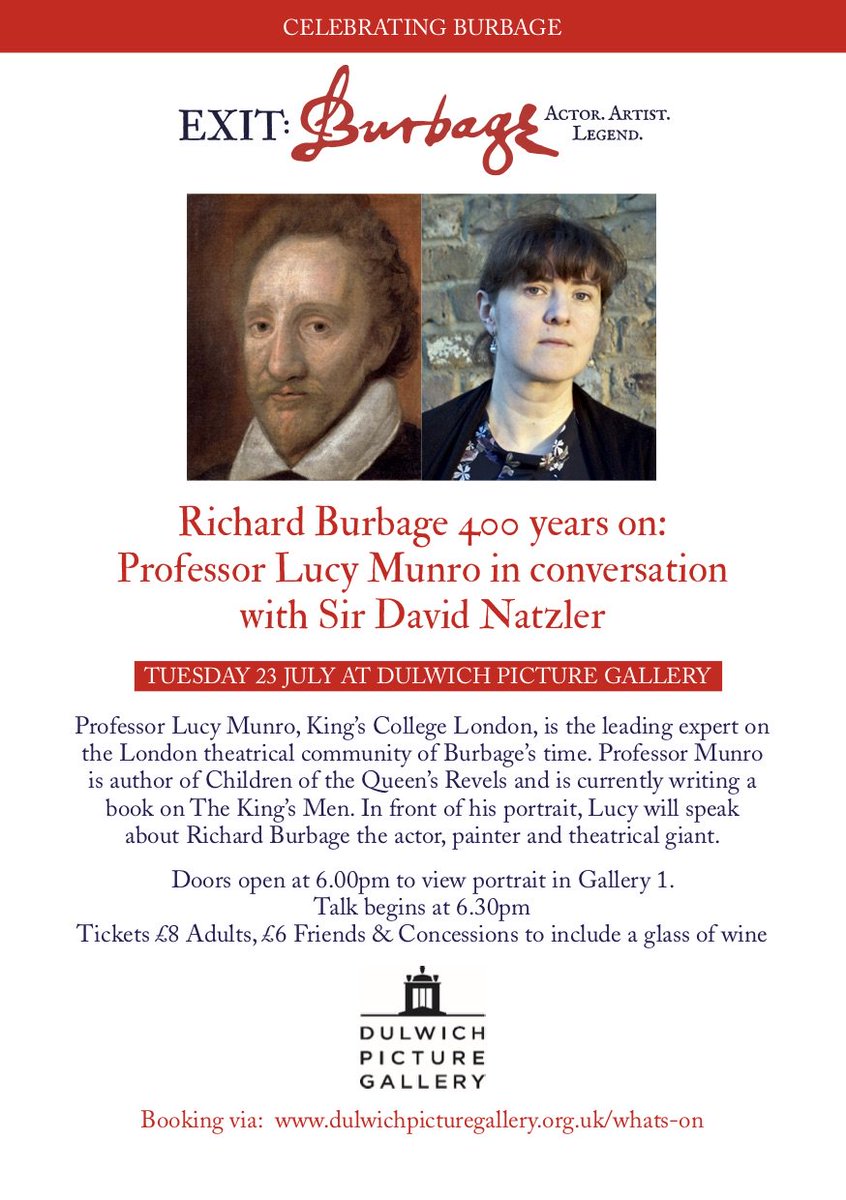 Richard Burbage 400 years on Professor Lucy Munro in conversation with Sir David Natzler. On 23 July at Dulwich Picture Gallery, book your tickets now
bit.ly/MunroBurbage
#Actor.Artist.Legend #Shakespeare #Shakespeare2019  #dulwich  <a href="/DulwichGallery/">Dulwich Picture Gallery</a>  #Burbage