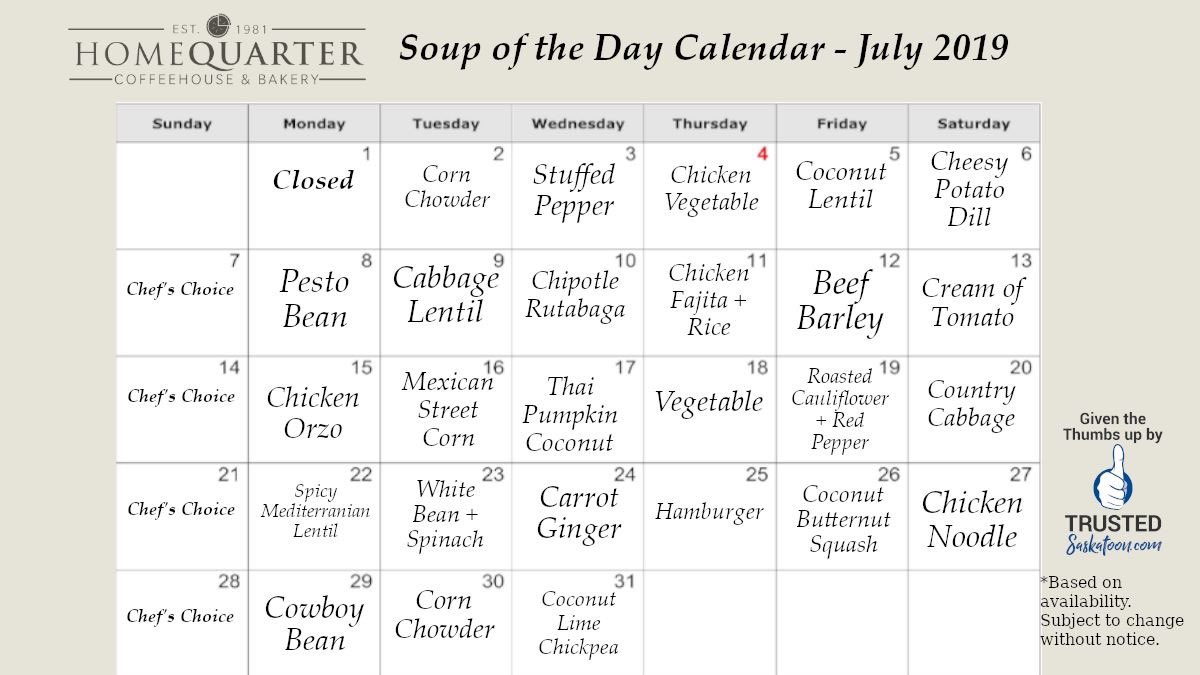 HomeQuarterYXE's tweet photo. We've made a schedule for our soups for the month. Now you can know when you can come get your favourite!
You can get your favourite soup and sandwich for just $10 with our Lunch Special.
#HomeQuarter #SoupOfTheDay #YXEEats #RiversdaleYXE #YXE #Saskatooning #TrustedSaskatoon https://t.co/LnfWpBL7uK