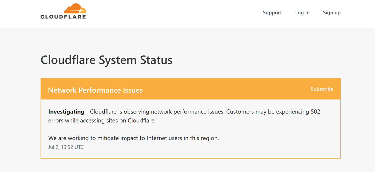 nikhileshde's tweet photo. There appears to be a major outage at @Cloudflare right now. Your access to @CoinMarketCap, @coinbase, and other exchanges may be limited till it's resolved. @coindesk https://t.co/eT7ORUyqSI