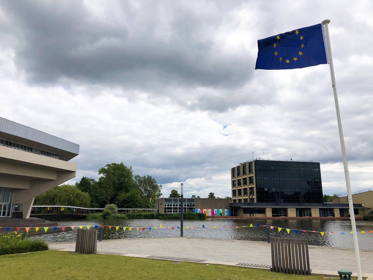 UniOfYork's tweet photo. The EU flag was raised on campus today in celebration of the enormous contribution that EU nationals living and working in the UK, make to UK society and culture #EuropeanAtYork  🇪🇺 https://t.co/h2FbDV3JcQ