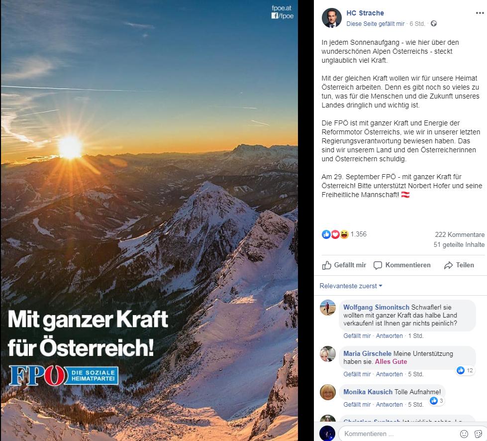Heinz Christian Strache hat heute einen "Sonnenaufgang" am Dachstein gepostet. In diesem würde Kraft stecken. "Mit der gleichen Kraft wollen wir für unsere Heimat Österreich arbeiten."

Das Foto zeigt die Südwand und damit einen Sonnenuntergang.
pixabay.com/photos/dachste…