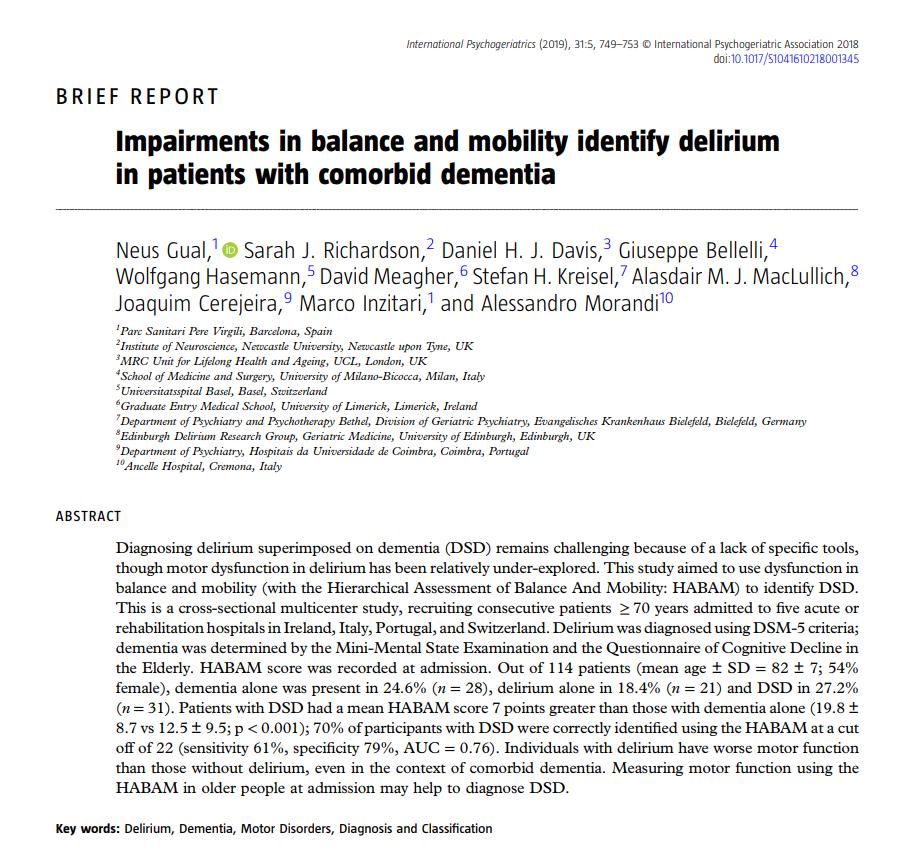 Paper: "people with #delirium have identifiable impairments of worse motor function than those without
delirium"

New motor impairments may indicate delirium.

Also relevant for delirium as a very strong risk factor for #falls.

ncbi.nlm.nih.gov/pubmed/30318022

<a href="/Krockdoc/">Kenneth Rockwood</a> <a href="/AleMorandi78/">Alessandro Morandi</a>