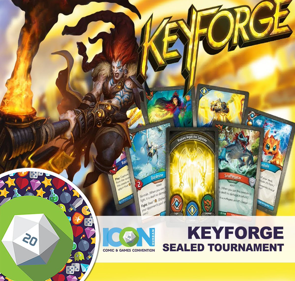 ICONDBN's tweet photo. Join us for the First Keyforge events at icon ever! No deck required!
Entry gets you a completely brand new deck! Winner stand a chance to win a unique Gama Tradeshow deck not available at any other events. 
R200
Tickets https://t.co/djmcXXiltR  
#ICONDBN #icondbn2019 #durban https://t.co/6GvWJAr9Yy