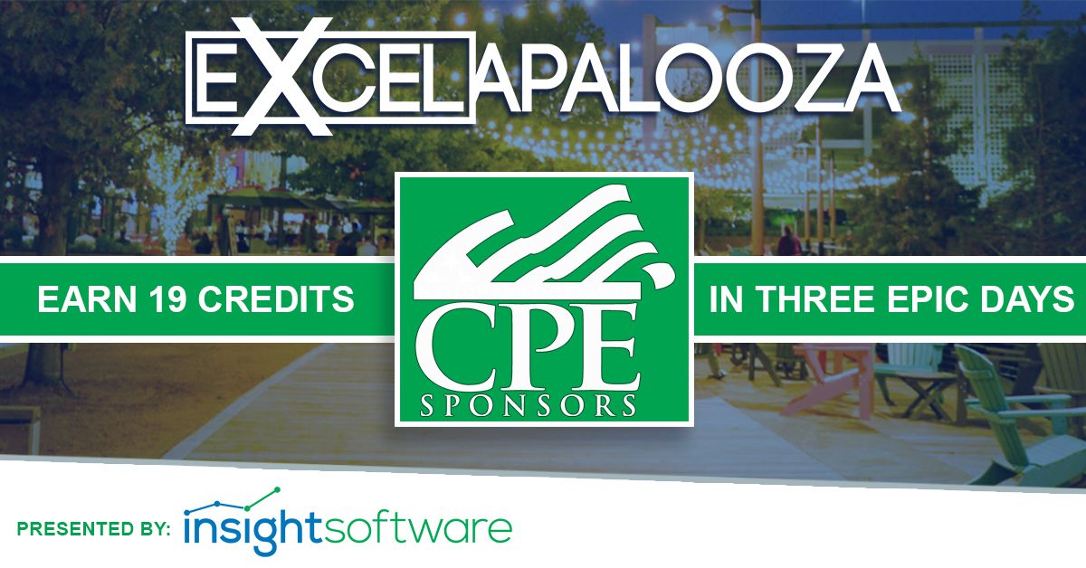 BizNetSoftware's tweet image. Did you know that you could earn up to 19 CPE credits at #Excelapalooza this September? Join us in Plano, TX to learn more about how to get faster, more accurate reports along with other #MSExcel tips and tricks. Register now: buff.ly/2WyRsBl
