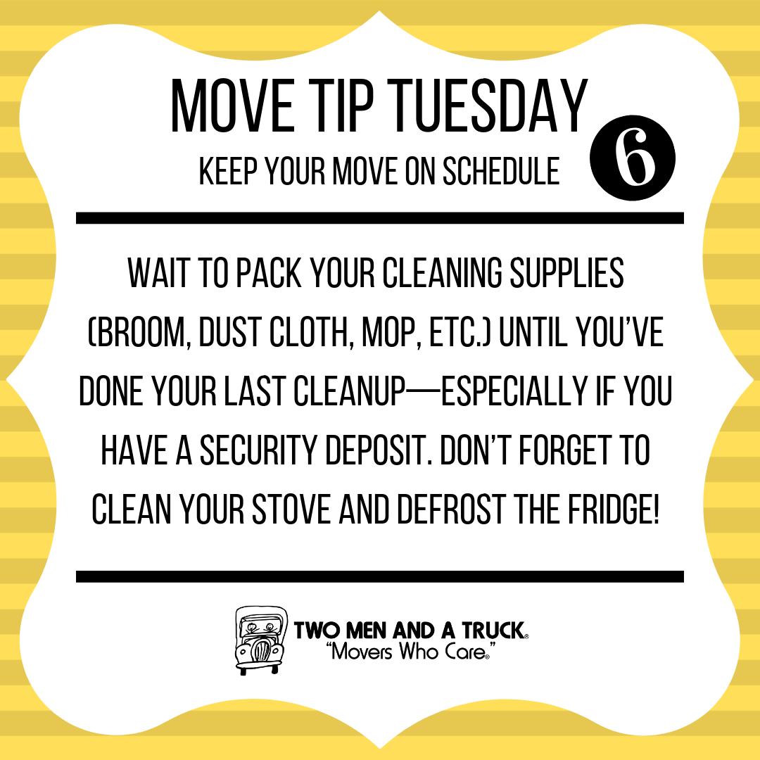 twomenhsv's tweet photo. #MoveTipTuesday Part 6 "Keep Your Move On Schedule" Wait to pack your cleaning supplies until you’ve done your last cleanup — especially if you have a security deposit. Don’t forget to clean your stove and defrost the fridge! #movetip #tiptuesday #tmthsv #moverswhocare https://t.co/elwhrnUXQr