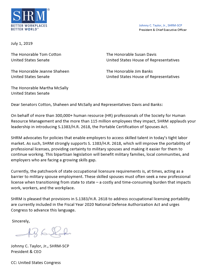 #SHRM applauds <a href="/SenTomCotton/">Tom Cotton</a> <a href="/SenatorShaheen/">Sen. Jeanne Shaheen</a> @SenMcSallyAZ @RepSusanDavis @RepJimBanks for introducing S.1383/H.R. 2618, the Portable Certification of Spouses Act. The bill will improve the portability of professional licenses &amp; make it easier for military spouses to work.