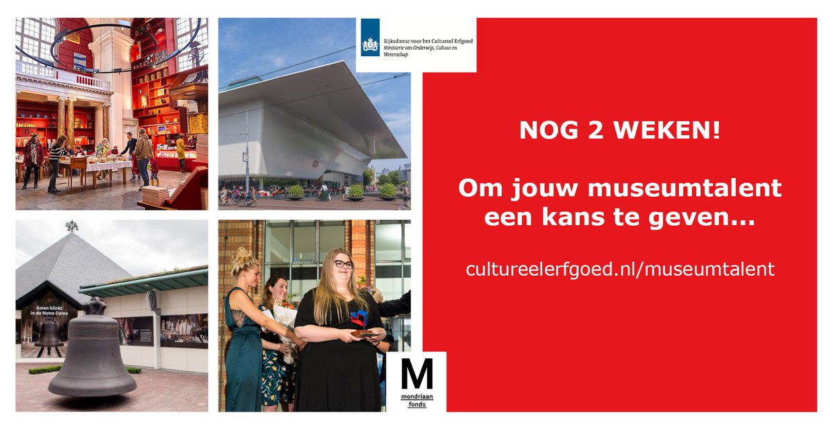 RCE_erfgoed's tweet photo. NOG 2 WEKEN! om jouw museumtalent een kans te geven op een podiumplek tijdens het Museumcongres dit najaar. Aanmelden kan tot 15 juli! https://t.co/x8NsPPBEWw

Aanmelding Monumententalenten loopt tot 16 september @MondriaanFonds @Museumverenigin #Museumtalent #Monumententalent https://t.co/6rYktKQvWl