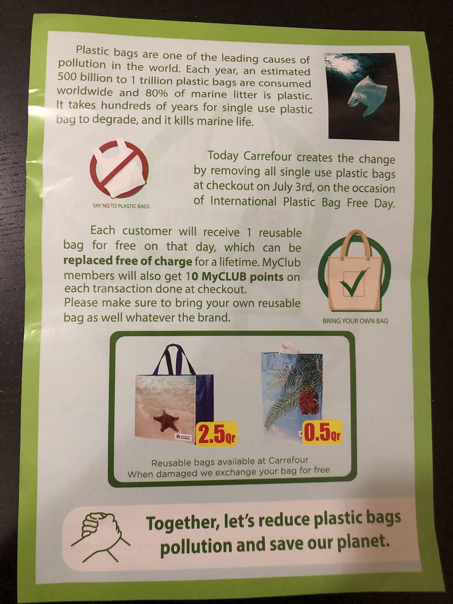 No2PlasticQatar's tweet photo. At loooonnngg last.. #carrefour #qatar is doing this initiative to stop the use of #plasticbags at their checkout counters. 
.
.
#plastics #carrefourqatar #singleuseplastic #notoplastics #InternationalPlasticBagFreeDay #Alhamdulillah #plasticwaste #PlasticFreeJuly #doha https://t.co/xfb563cr7W