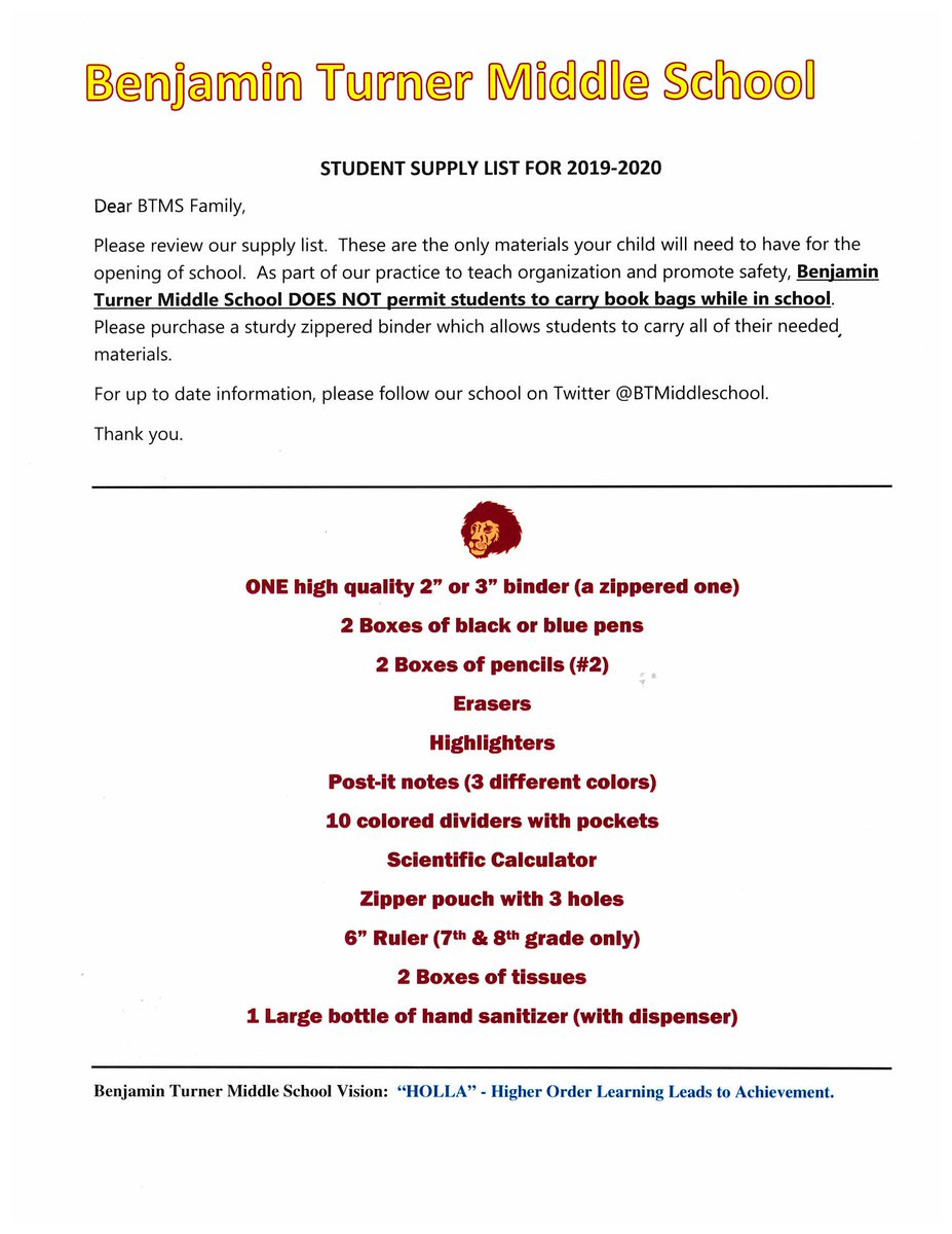 BTMiddleSchool's tweet photo. Student Supply List for the 2019-2020 School Year https://t.co/yIJgYxBuvv