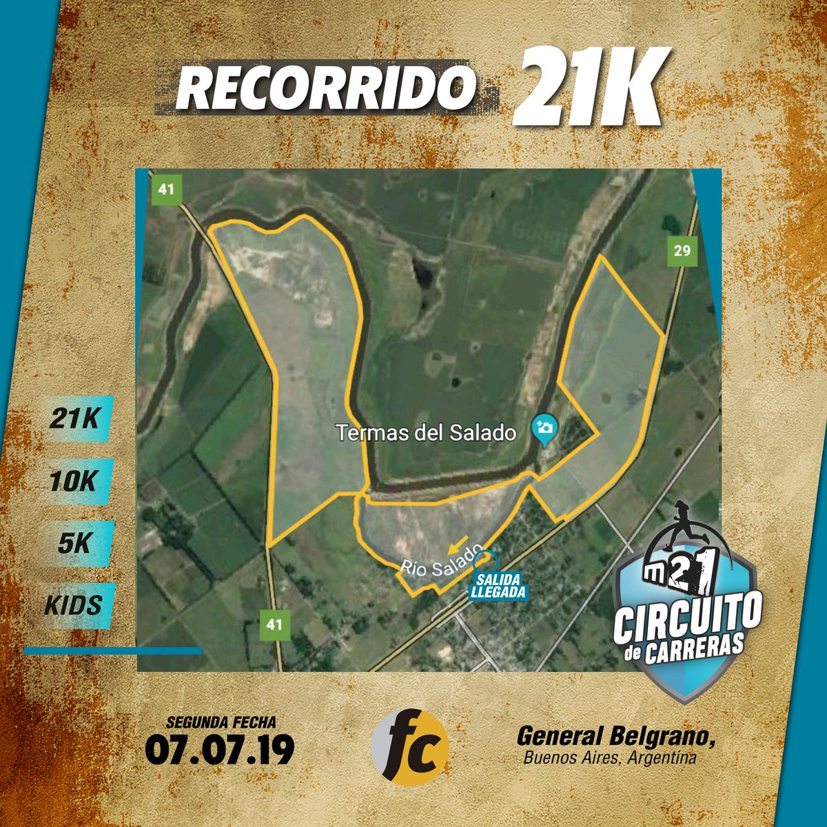 MaratonM42's tweet photo. RECORRIDOS 🏃‍♀
Estos son los recorridos de la segunda etapa del #CircuitoM21, evento que se realizará este domingo 7/7 en General Belgrano.

🌱 Recorrido rápido y pintoresco, cerca del Río Salado y las Termas del Salado 👉 21K, 10K, 5K, KIDS. 

💻 https://t.co/OYZ8LF7Kot https://t.co/aZYE7eRigE