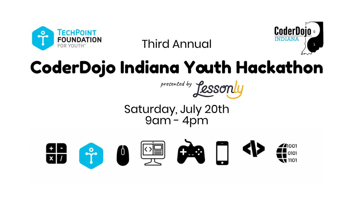 TechPointYouth's tweet photo. 🗣️Calling all STUDENT CODERS between the ages of 7-17! Join @CoderDojoIN for the 3rd annual #CDIhackathon on July 20th in #Indianapolis! Prove your coding skills to win prizes + enjoy a free lunch, meet other coders &amp; have a #CODEallyAwesome day! https://t.co/I28ne7nBCm https://t.co/ugyKn7ekcU
