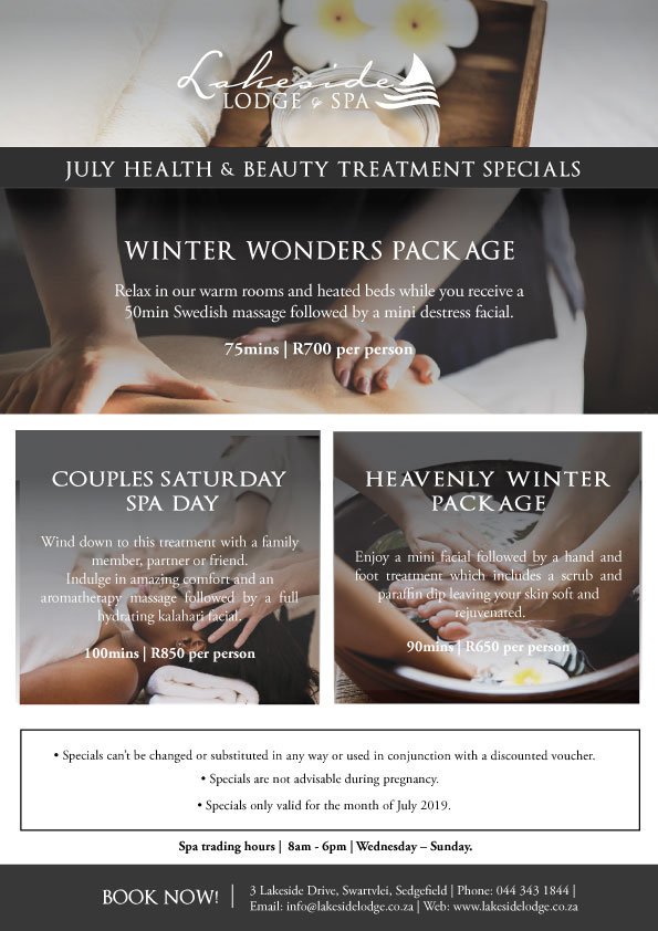 In celebration of the month of July warm up with one of our Winter spa packages. 
Spoil yourself or a partner to an option of three specials on offer this month.

View spa specials: lakesidelodge.co.za/spa

#lakesidelodge #spaspecials #july #sedgefield #gardenroute