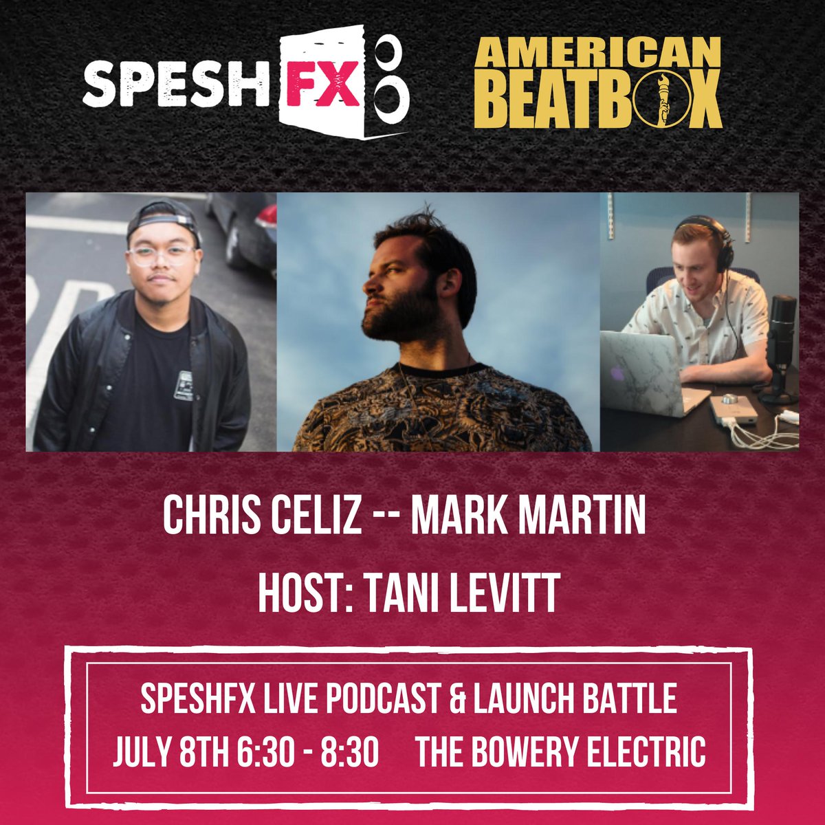 I'm so excited that @chrisceliz and Mark Martin will be joining me at the SpeshFX Live Podcast for a fun conversation about beatboxing!