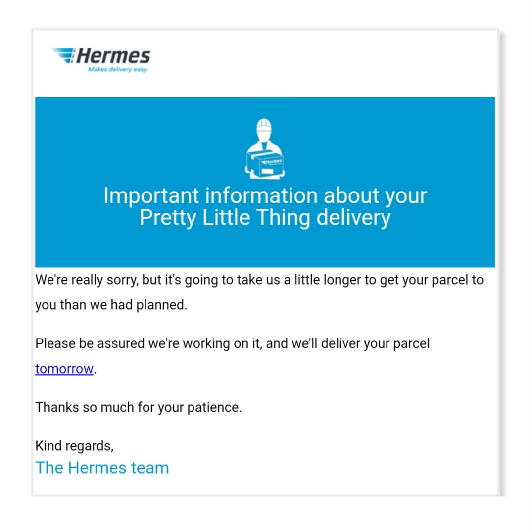 rachellgreen's tweet photo. Why are @Hermesparcels actually so shit? Pay for next day delivery @OfficialPLT but oh sorry it will be two days 🤔 https://t.co/nF0WCnIW7P