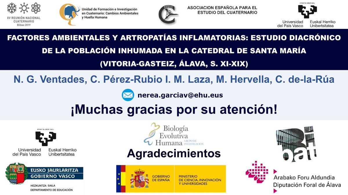 neree_21's tweet photo. Esta mañana he presentado los resultados preliminares de mi tesis en la #XVReuniónCuaternario sobre la relación entre factores ambientales y Artropatías Inflamatorias en los restos óseos recuperados de la Catedral de Santa María de Vitoria-Gasteiz. #cuaternario #aequa https://t.co/gMss7SzdX2