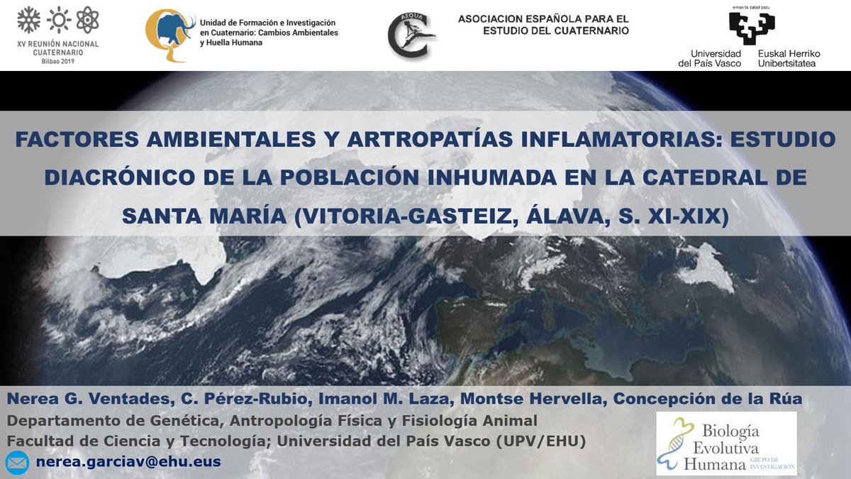 neree_21's tweet photo. Esta mañana he presentado los resultados preliminares de mi tesis en la #XVReuniónCuaternario sobre la relación entre factores ambientales y Artropatías Inflamatorias en los restos óseos recuperados de la Catedral de Santa María de Vitoria-Gasteiz. #cuaternario #aequa https://t.co/gMss7SzdX2