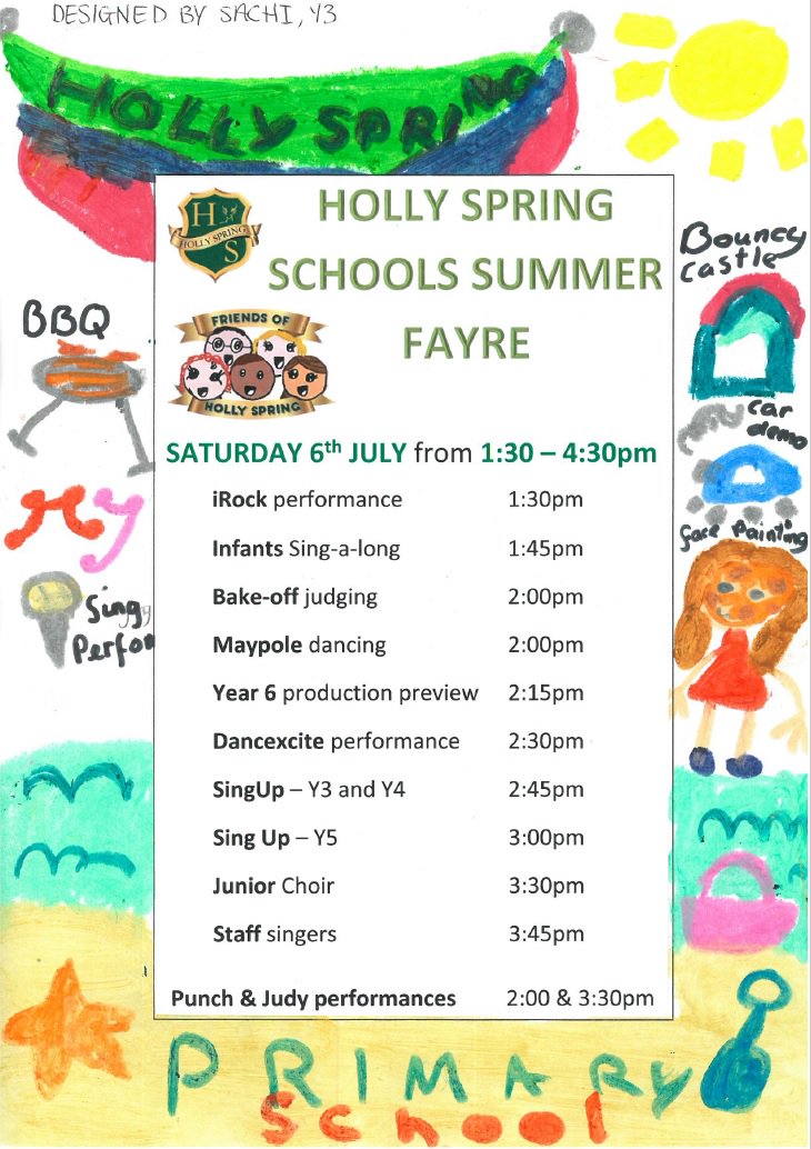HollySpringJrs's tweet photo. We're getting very excited about the Summer Fayre on Sat - 1:30 - 4:30pm.

Take a look at our running order &amp; the exciting things we have planned. We'll see you there!

Congrats to Sachi Y3 and Wiktor Y6 for winning our competition to design our border for the poster. Well done! https://t.co/bHhPqK55Gg