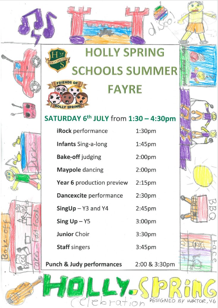 HollySpringJrs's tweet photo. We're getting very excited about the Summer Fayre on Sat - 1:30 - 4:30pm.

Take a look at our running order &amp; the exciting things we have planned. We'll see you there!

Congrats to Sachi Y3 and Wiktor Y6 for winning our competition to design our border for the poster. Well done! https://t.co/bHhPqK55Gg