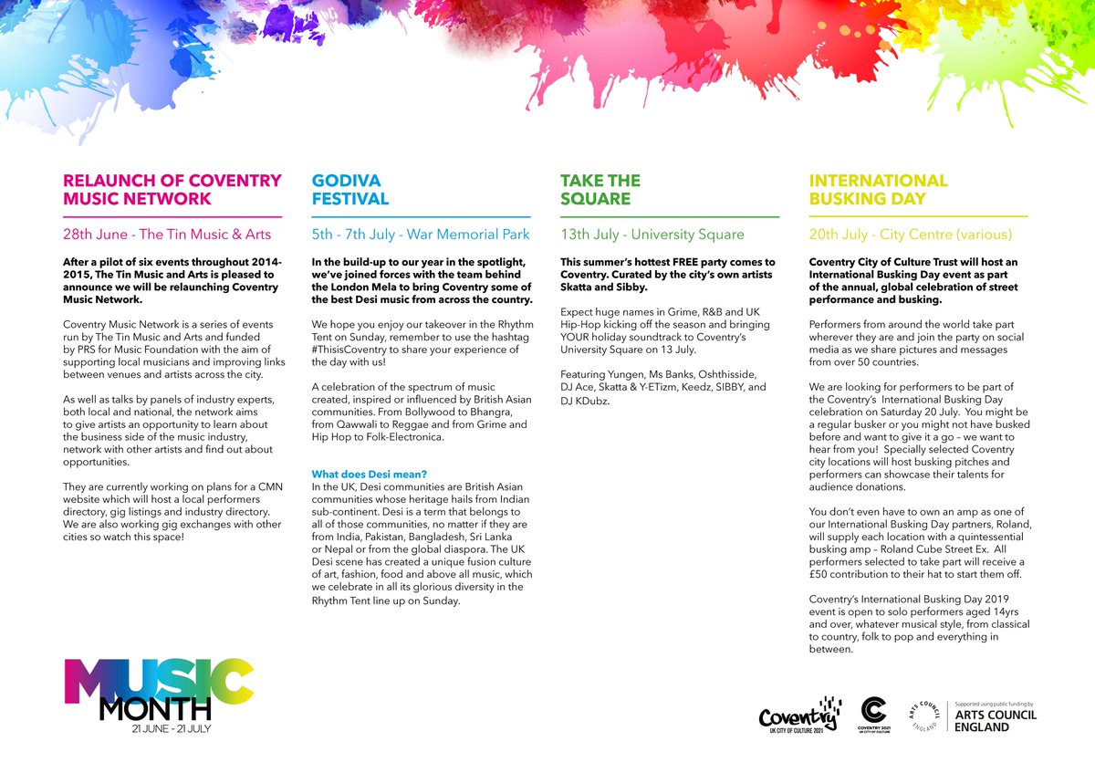 Coventry2021's tweet photo. Don't forget to check out our full #MusicMonth listings, celebrating our city's music scene!
There's loads on &amp; we've even brought together some special performances including #DestinationDesi at @godivafestival, #TakeTheSquare and #IBD2019 Coventry plans.
https://t.co/ek7tqdBirQ https://t.co/ItoWFd3kx8