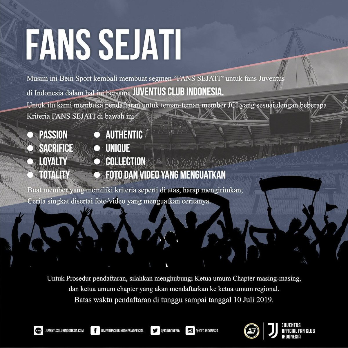 Selamat malam Juventini dari Sabang sampai Merauke

Musim ini Bein Sport kembali membuat segmen “FANS SEJATI” untuk fans Juventus di Indonesia dalam hal ini bersama JUVENTUS CLUB INDONESIA.

Selengkapnya di sini 
instagram.com/p/BzazUjPFyDL/…