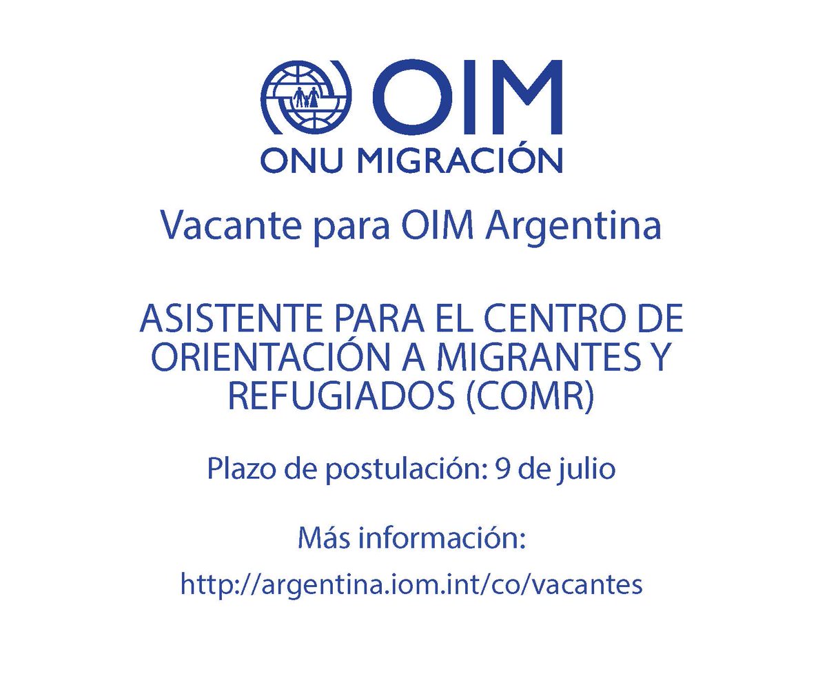OIM_Argentina's tweet photo. 👉¡Atención!👈Buscamos Asistente para el Centro de Orientación a Migrantes y Refugiados (COMR) de CABA. Tenés tiempo hasta el 09/07 para postular. Toda la información sobre esta convocatoria la encontrás acá ➡️ https://t.co/irOiqBRQDl ⬅️ https://t.co/YrdgZ0drsu