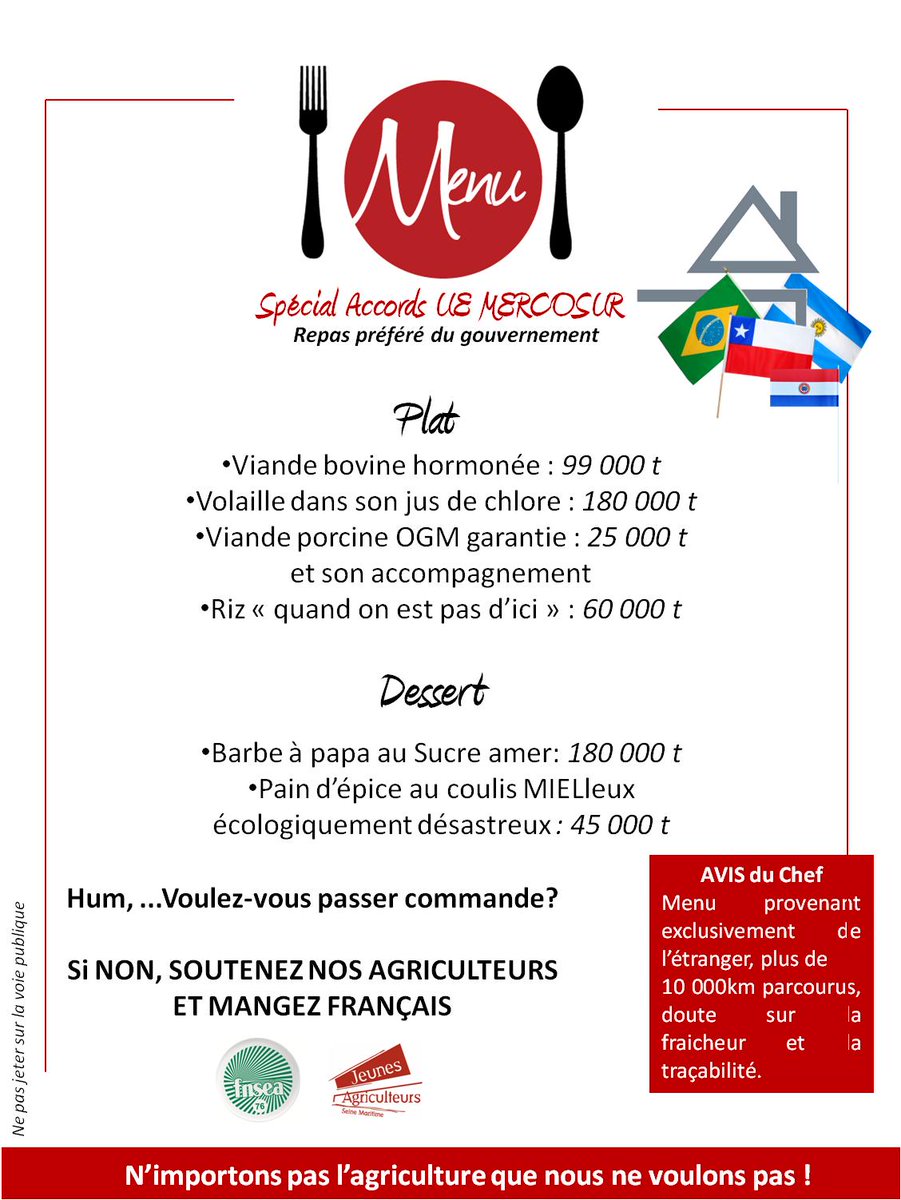Jeunesagri76's tweet photo. MOBILISATION #MercosurUE 
Dites NON aux importations bœufs, volailles, porc, sucre, produits avec des substances interdites chez nous🇫🇷, RDV ce soir à 19h30 à Rouen Pont Flaubert. 
@FNSEA76 @Jeunesagri76 #agriculture #alimentation #toustrompés https://t.co/JhAlXTWbzb
