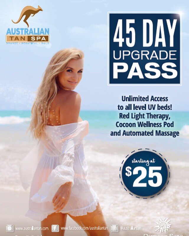 AustralianTanCo's tweet photo. 🎶 LET ME UPGRADE YOU 🎶 Get the Aussie experience with the 45 Day Upgrade Pass to all our UV beds and spa services #australiantan #upgrade https://t.co/5R9rB2mR4x