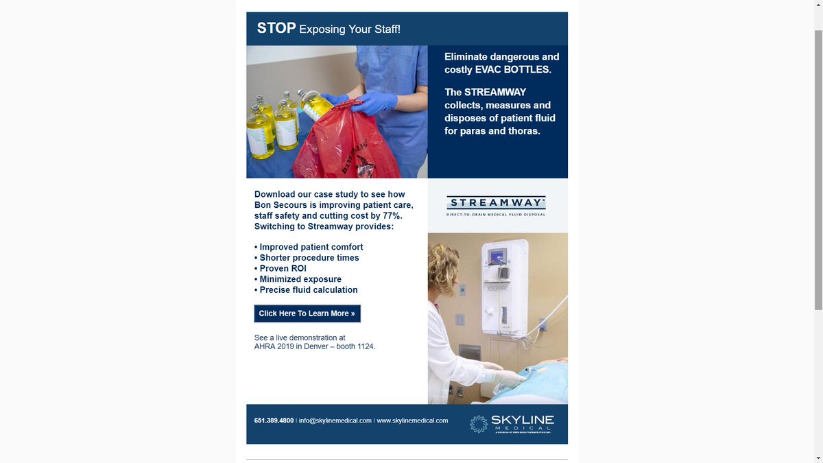 Skyline_Medical's tweet image. Stop using bottles and canisters for #paracentesis.  #Streamway collects and disposes an unlimited amount of #ascites. 
Watch a 2-minute video: youtube.com/watch?v=GB7Xl7…

us6.campaign-archive.com/?e=&amp;amp;u=97c5aa1f…

#radiology #infectioncontrol #healthcare