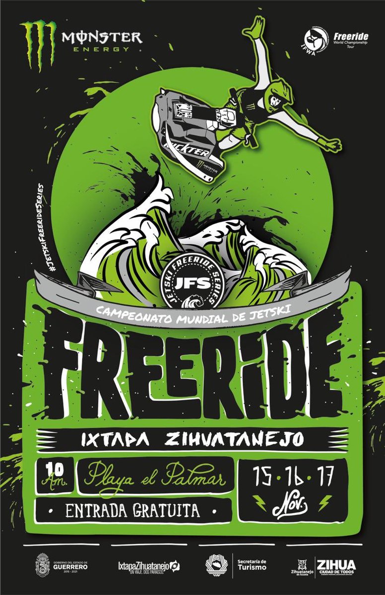 SECTUR_mx's tweet photo. #IxtapaZihuatanejo será nuevamente sede del Campeonato Mundial de Jetski #Freeride, donde se darán cita 20 de los mejores atletas para una batalla que desafiará la gravedad y resistencia sobre las olas de la Playa El Palmar. ¡Del 15 al 17 de noviembre, vámonos pa’ Guerrero! https://t.co/eGuoYGd65v
