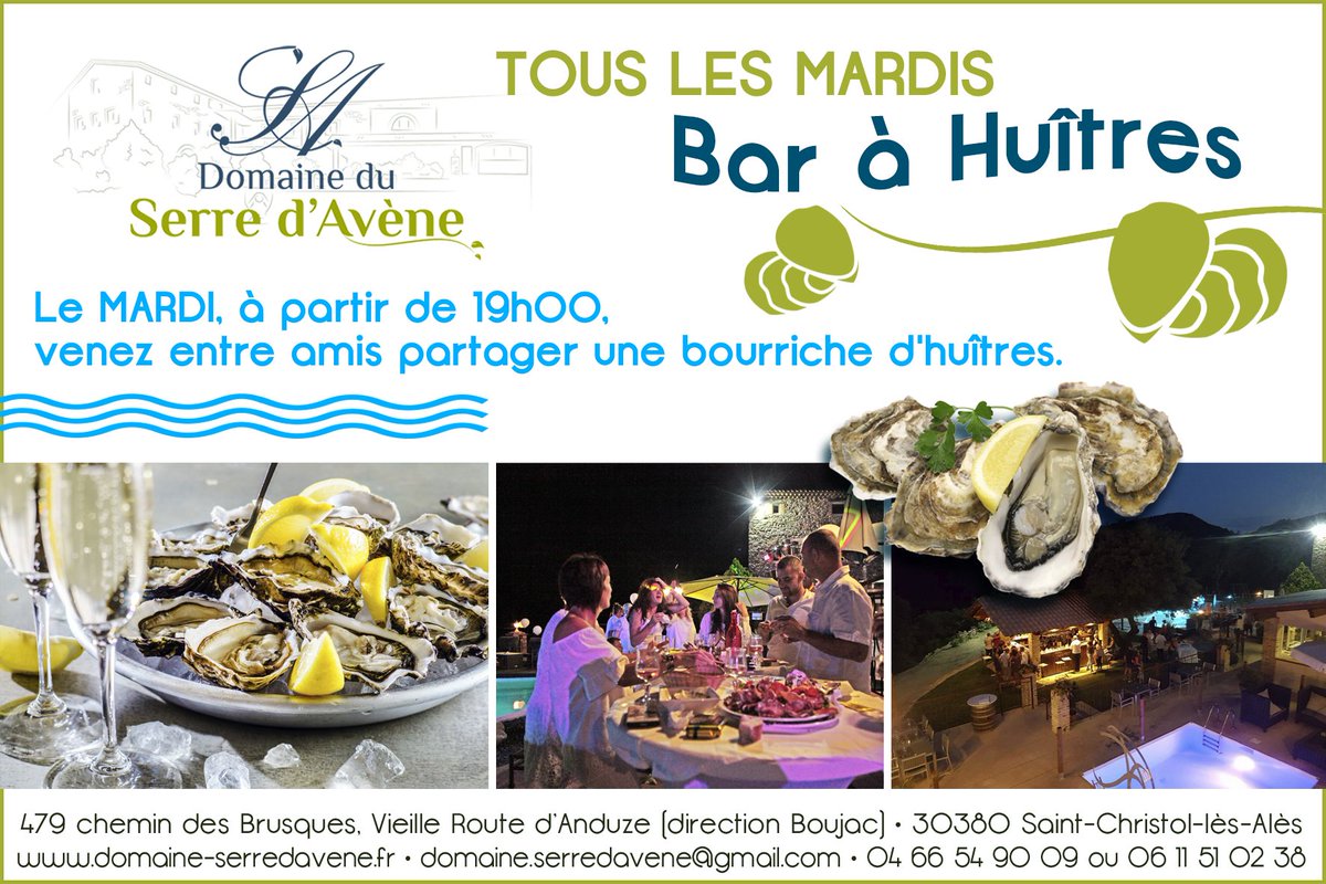 Serredavene's tweet photo. Tous les MARDIS, dégustation d'huîtres au Serre d'Avène à partir de 19h00. Venez apprécier la fraîcheur maritime sous la chaleur estivale.
#serredavene #lemas #mardi #degustation #huitre #soirée #event #party #diner #sortie #sortir #plaisir #fiesta #fete #alès #saintchristol https://t.co/6tKliLbdAJ