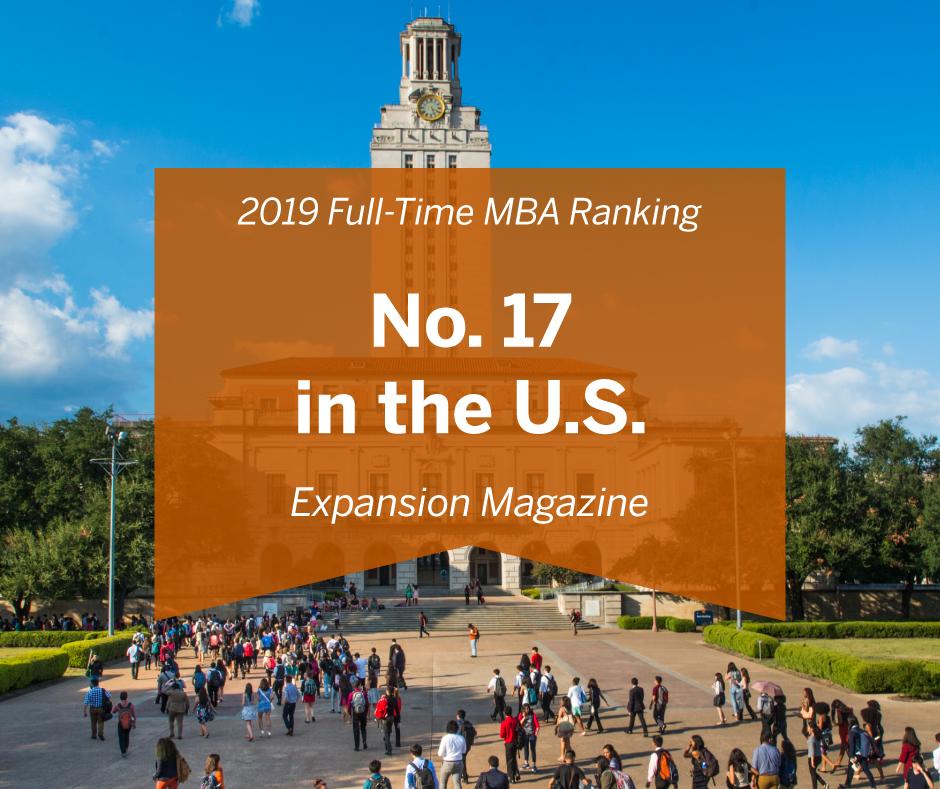 UTexasMcCombs's tweet photo. Results are in! Expansion Magazine ranks Texas McCombs No. 17 in the U.S. for our full time MBA program! #WhyMcCombs @UTexasMBA https://t.co/bADt9yHoVi